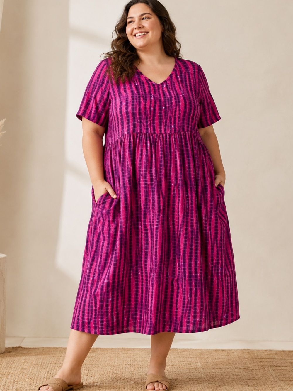 Ulla Popken Plus Size 24/26 Pink Purple Tie Dye Cotton Midi Dress Pockets